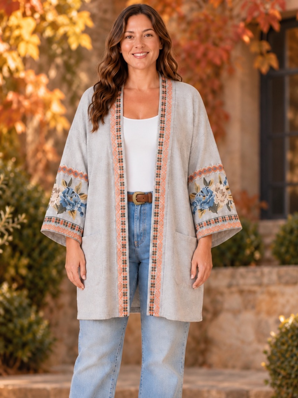 Johnny Was Tulla Gray Embroidered Open Cardigan Jacket 3X